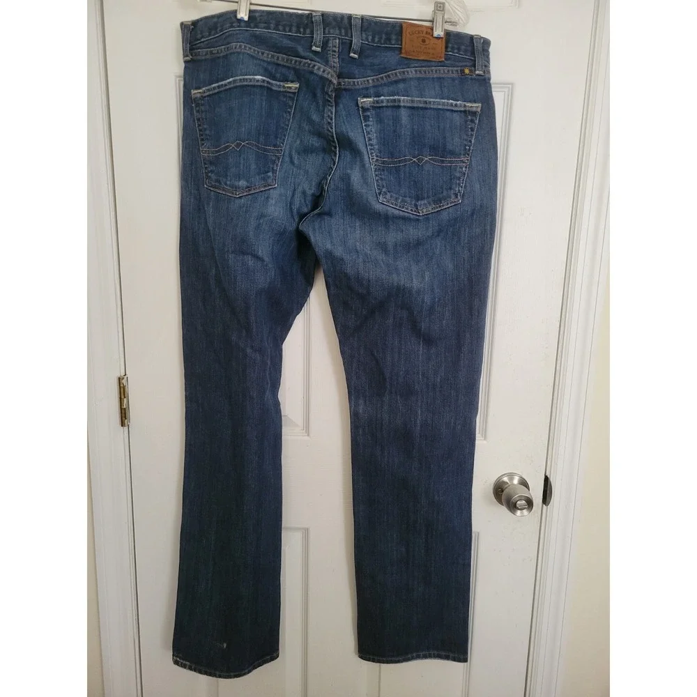 Lucky Brand‎ Mens Blue Solid Button Fly 221 Original Straight Jeans 38x34